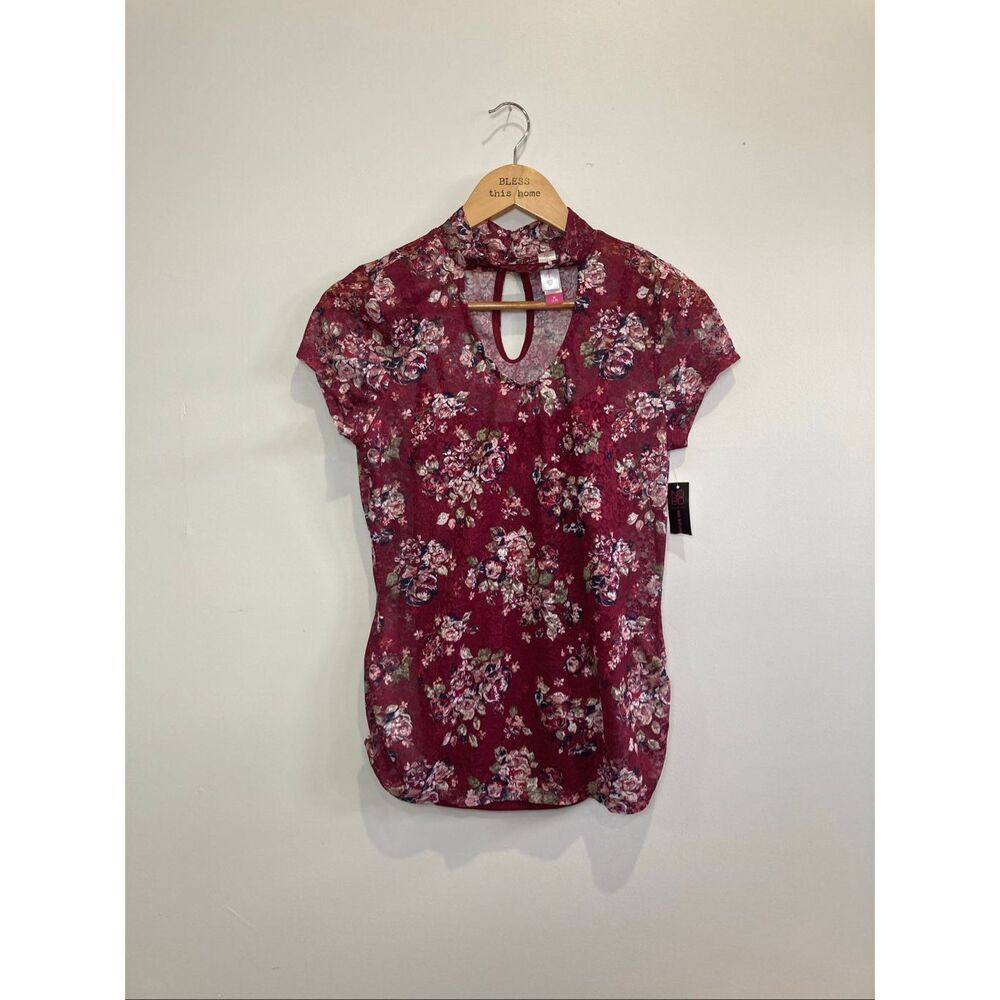 No Boundaries Floral Top Juniors M NWT Red Mock Neck Cutout Blouse